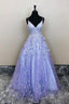 A-Line V-Neck Lavender Lace Floral Long Prom Dresses
