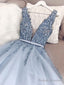 A Line V Neck Light Blue Beaded Tulle Prom Dresses Long, V Neck Long Blue Formal Evening Dresses