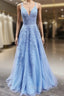 A Line V Neck Light Blue Lace Prom Dresses, V Neck Light Blue Lace Formal Evening Dresses