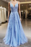 A Line V Neck Light Blue Lace Prom Dresses, V Neck Light Blue Lace Formal Prom Dresses