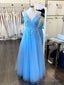 A Line V Neck Light Blue Lace Prom Dresses, V Neck Sky Blue Lace Formal Evening Dresses