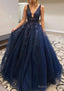 A Line V Neck Long Dress Floor Length Lace Tulle Prom Dress With Appliqued