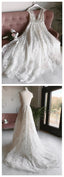 A-Line V-Neck Long Prom Dresses With Appliques, Backless Beach Wedding Dress