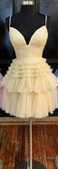 A Line V Neck Multi-Tiered Short Prom Dresses Light Pink Cocktail Dress Short