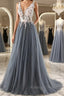 A Line V Neck Open Back Appliques Gray Long Prom Dress V Neck Grey Prom Dress Gray Prom Dress