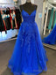 A-Line V Neck Open Back Blue Lace Prom Dress Long With Train Blue Lace Prom Dress Blue Prom Dress