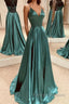 A Line V Neck Open Back Emerald Green Satin Long Prom Dress, Backless Emerald Green Formal Graduation Evening Dress