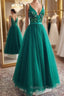 A Line V Neck Open Back Green Floral Long Prom Dresses, Open Back Green Formal Evening Dresses