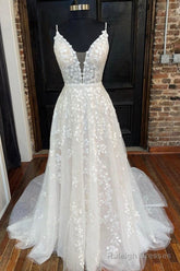 A Line V Neck Open Back White Lace Long Prom Dress, V Neck White Lace Formal Dress, White Lace Evening Dress A1502