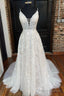 A-Line V Neck Open Back White Lace Long Prom Dresses V Neck White Lace Prom Dresses White Lace Prom Dresses A1502