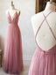 A Line V Neck Pink Backless Prom Dresses, V Neck Pink Backless Formal Evening Bridesmaid Dresses