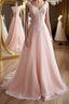 A Line V Neck Pink Lace Long Prom Dress Pink Lace Prom Graduation Prom Dress