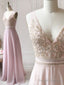 A-Line V Neck Pink Lace Prom Dress Long Pink Long Lace Prom Bridesmaid Dress