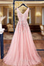A-Line V Neck Pink Tulle Lace Applique Prom Dresses Long Prom Dresses