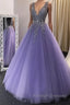 A Line V Neck Purple Beaded Long Prom Dresses, Lilac Long Formal Evening Dresses with Beadings