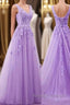 A Line V Neck Purple Lace Prom Dress Purple Lace Long Prom Bridesmaid Dress