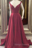 A Line V Neck Red Burgundy Long Prom Dresses, Off The Shoulder Red Burgundy Formal Evening Dresses