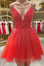 A Line V Neck Red Lace Short Prom Dress, Red Lace Homecoming Dress