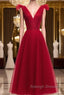 A Line V Neck Red Tea Length Prom Dress with Corset Back, Red Tea Length Formal Graduation Dresses