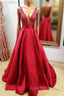 A-line V Neck Regular Straps Long/Floor-Length Satin Prom Dress With Beading