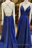 A-Line V Neck Royal Blue Backless Prom Dress Royal Blue Backless Prom Bridesmaid Dress