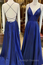 A Line V Neck Royal Blue Backless Prom Dresses, Royal Blue Backless Formal Evening Bridesmaid Dresses