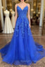 A Line V Neck Royal Blue Lace Prom Dresses, Royal Blue Lace Formal Evening Dresses