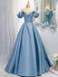 A Line V Neck Satin Blue Long Prom Dress, Blue Formal Prom Dresses