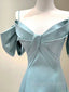 A Line V Neck Satin Blue Long Prom Dress, Blue Formal Prom Dresses