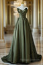 A-Line V Neck Satin Green Long Prom Dress, Green Long Evening Dress