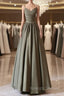 A-Line V Neck Satin Olive Green Long Prom Dress, Olive Green Long Formal Dress