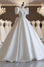 A Line V Neck Satin Wedding Dress, White Short Sleeve Bridal Gowns with Bow