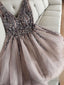 A Line V Neck Sequin Short Mini Tulle Dress