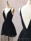 A-Line V Neck Short Black Prom Dress Short Black Backless Homecoming Prom Dress