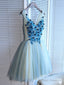 A-Line V Neck Short Blue Floral Prom Dress Short Floral Blue Graduation Homecoming Dress