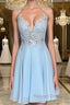 A Line V Neck Short Blue Lace Prom Dresses, Short Blue Lace Formal Homecoming Dresses
