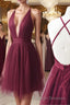 A Line V Neck Short Burgundy Backless Prom Dresses, Short Burgundy Backless Formal Homecoming Dresses