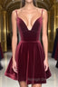 A Line V Neck Short Burgundy Prom Dresses, Short Wine Red Formal Homecoming Dresses
