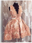 A-Line V Neck Short Champagne Floral Lace Prom Dress Short Champagne Lace Prom Homecoming Dress
