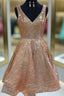 A-Line V Neck Short Champagne Lace Prom Dress V Neck Short Champagne Lace Prom Homecoming Dress