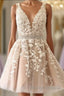 A Line V Neck Short Champagne Lace Wedding Dress Short Champagne Lace Prom Dress