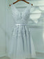 A-Line V Neck Short Gray Lace Prom Dress Short Gray Lace Prom Homecoming Dress