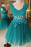 A-Line V Neck Short Green-Blue Lace Prom Dress Short Lace Prom Graduation Dress
