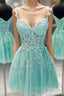 A Line V Neck Short Green Lace Prom Dresses, Short Green Lace Formal Homecoming Dresses