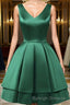 A Line V Neck Short Green Satin Prom Dresses, Short Green Satin Homecoming Graduation Dresses