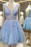 A Line V Neck Short Mini Lace Homecoming Dress With Appliqued Beading