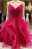 A Line V Neck Short Mini Tulle Homecoming Dress With Glitter Pleated