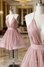 A Line V Neck Short Pink Prom Dresses, Short Pink V Neck Graduation Homecoming Dresses