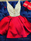 A-Line V Neck Short Red Beaded Prom Dress Short Red V Neck Prom Homecoming Dress
