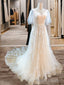 A Line V Neck Short Sleeves Appliques Lace Sweep Train Tulle Wedding Dress